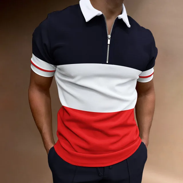 2022 New Style High Quality Men Polo Shirts Casual Patchwork Homme Polo Shirt Short Sleeve Turn-Down Zipper Collar Polo L-04