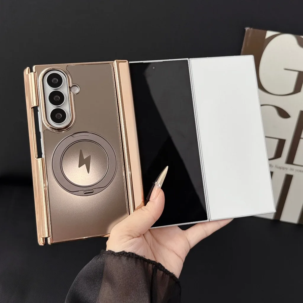 Electroplated TriFold Phone Case with 360° Ring Kickstand and Magnetic Hinge Protection