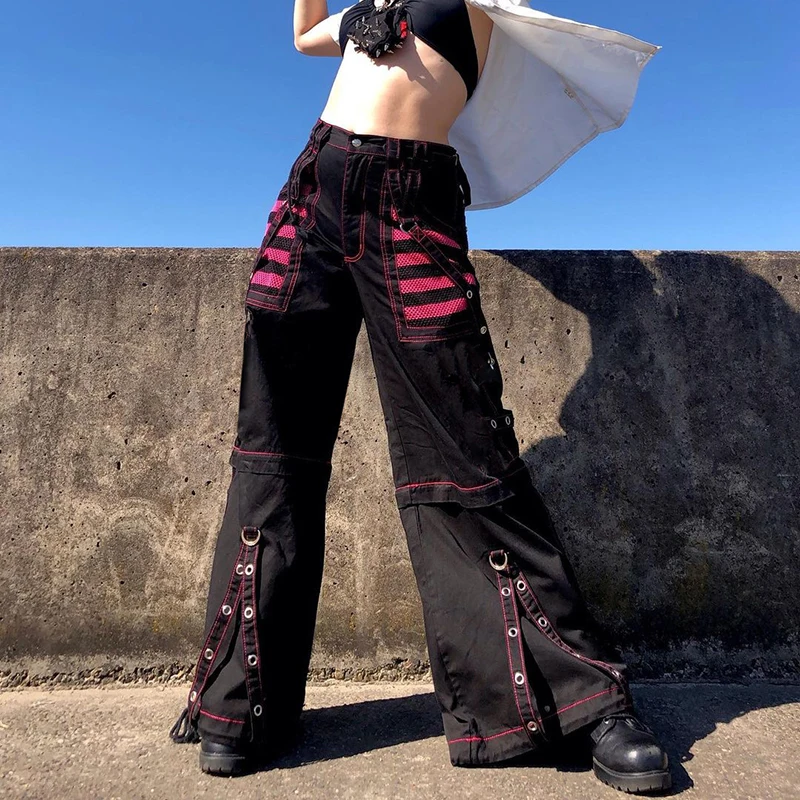 High Rise Wide Leg Pants  Women’s Gothic Punk Style Oversized High-Waist Y2k Aesthetic womens Cargo-Pants Harajuku Streetwear Punkrock Trousers for Woman in black with red accent