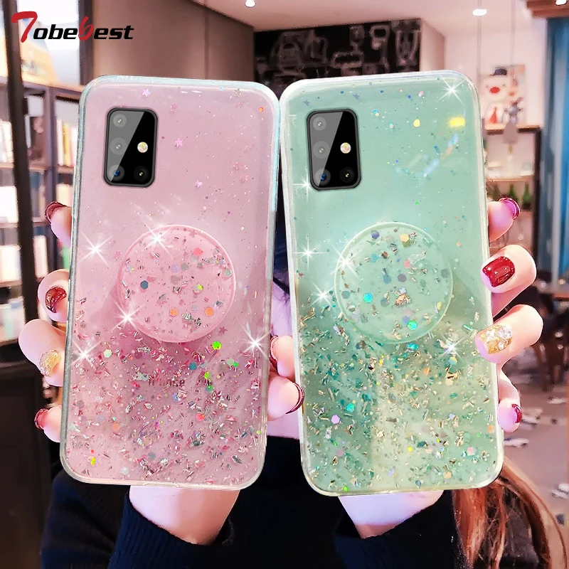 Bling Glitzer Silber Folie Handyhalter Hülle für Samsung Galaxy S21 S20 FE S22 S23 Ultra S10 Lite S10E S9 S8 Plus Silikonhülle_voghion.com