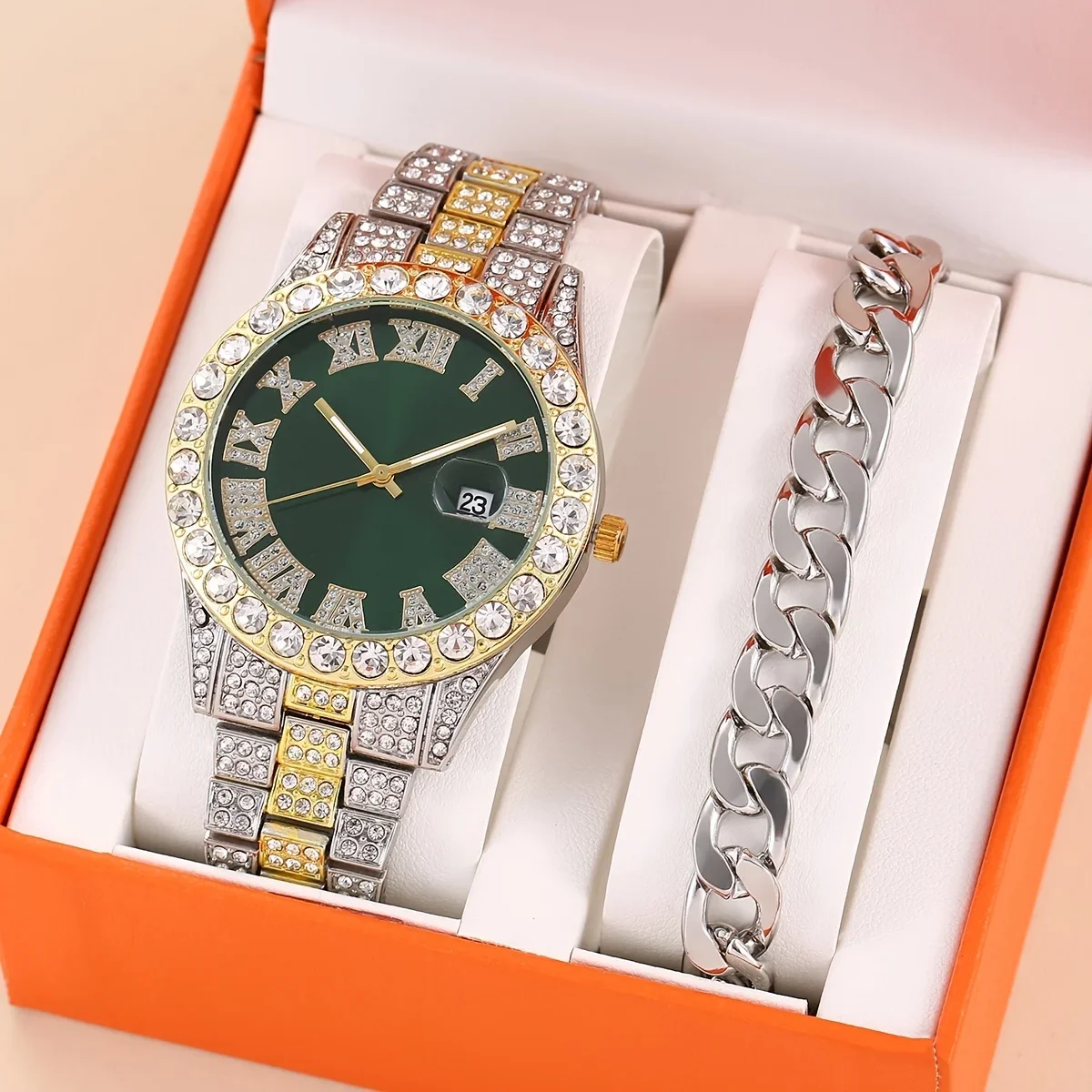 2pcs/set 1pc Men's Large Dial Artificial Rhinestone Watch Iced-Out Wrist Watch + 1pc Twist Chain Bracelet