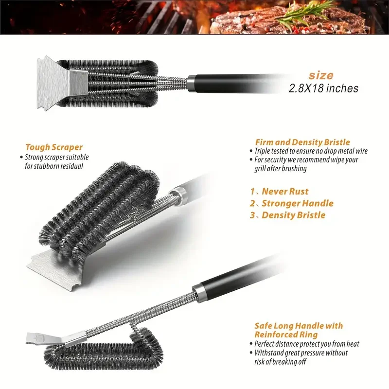 Heavy metal barbecue cleaning brush 1 piece with triple bristles barbecue grill cleaning brush outdoor cooking accessories