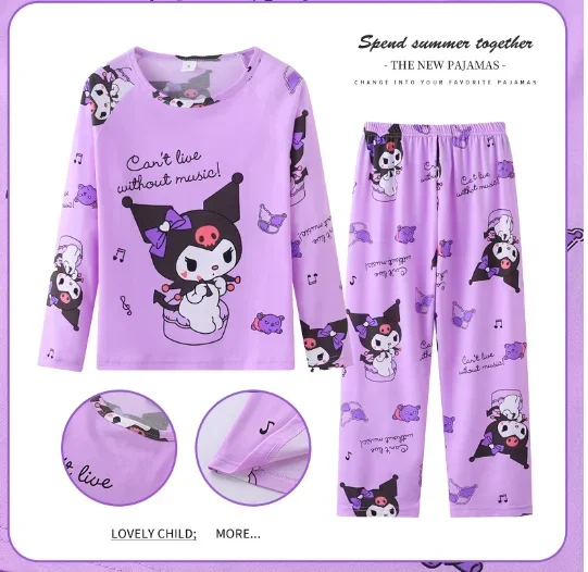 thumbnail image 1 of Sanrios Conjunto de pijama cómodo para niños y niñas Anime Hello Kittys Kuromi Cinnamoroll lindo cuello redondo pantalones de manga larga ropa de descanso, 1 of 5