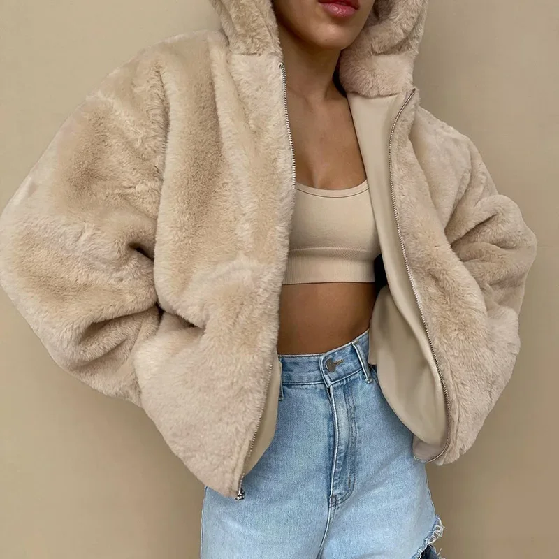 Winter Lamb Wool Loose Coat Fleece Sweater Zipper Hooded Long Thick Fluffy Warmth Wear Women's Hoodie Coat Jackets for Women