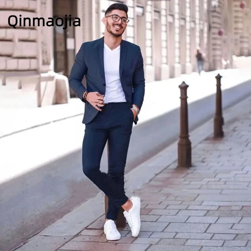 

Мужские деловые костюмы, облегающие деловые костюмы с отложным воротником, свадебный смокинг для жениха, комплект из 2 предметов, мужские брюки