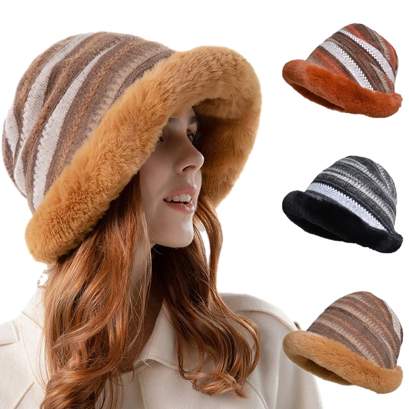 

Plush Ear Protection Fisherman Hat Winter Outdoor Windproof Warm Fur Beanie Basin Cap Cold Proof Knit Bonnet Women's Bucket Hats