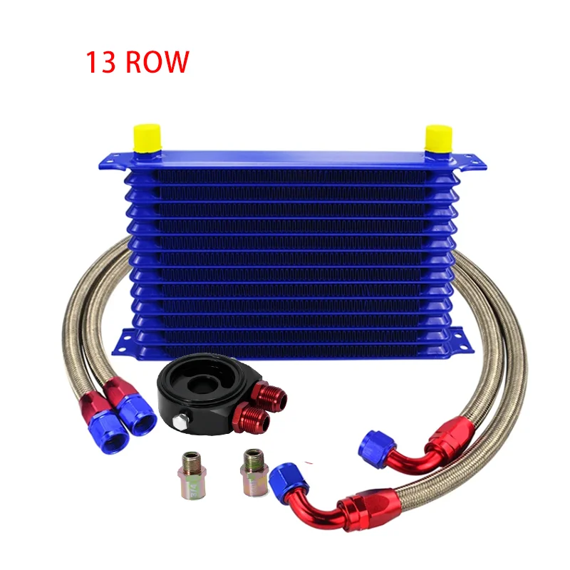 

Universal 13 Rows Oil Cooler Kit + Oil Filter Sandwich Adapter +Stainless Steel Braided Oil Hose AN10 Hose End Fittings BLUE