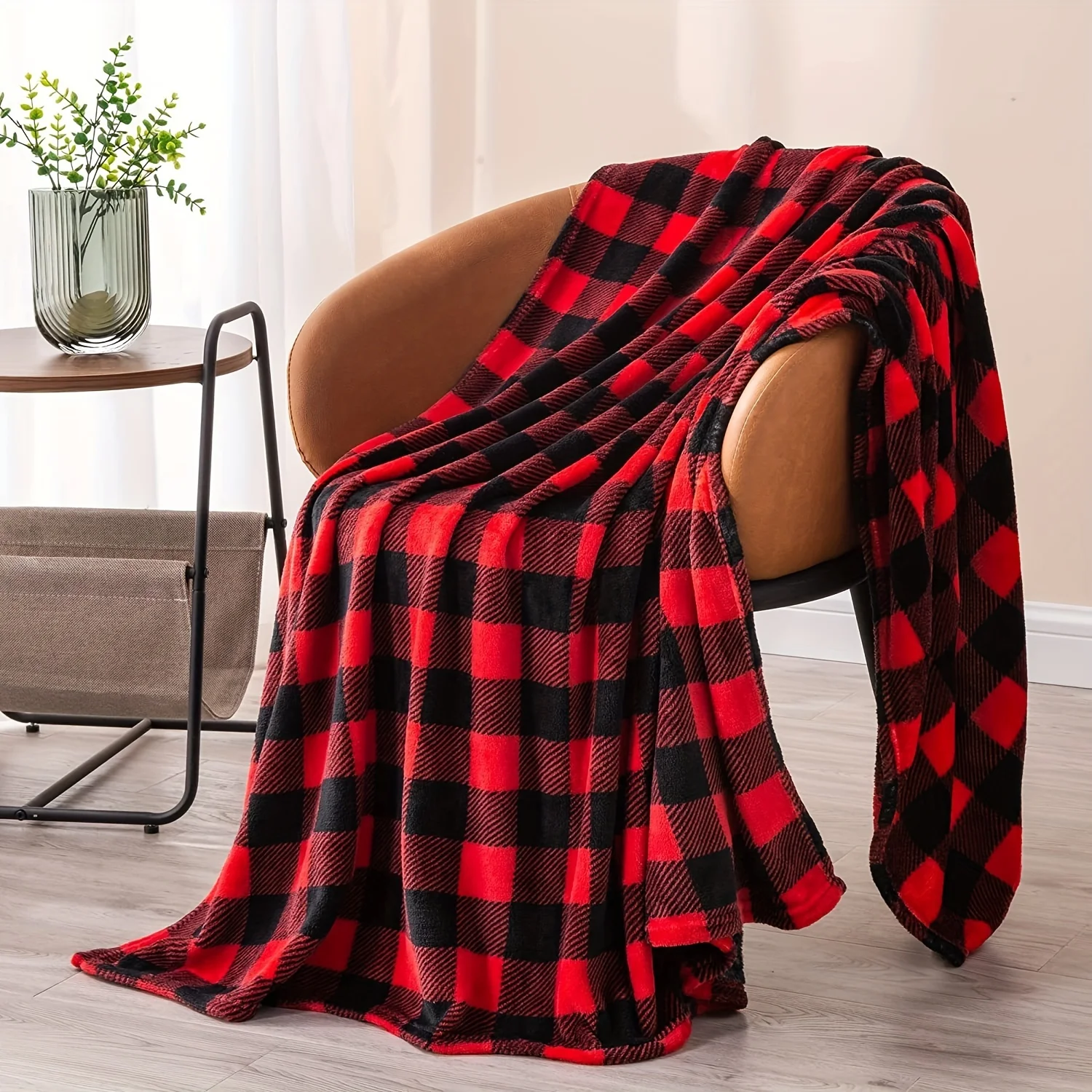 

1pc Red And Black Plaid Flannel Blanket, Soft Vintage Blanket For Bed Sofa Couch Office, Christmas Valentine's Day Birthday Gift