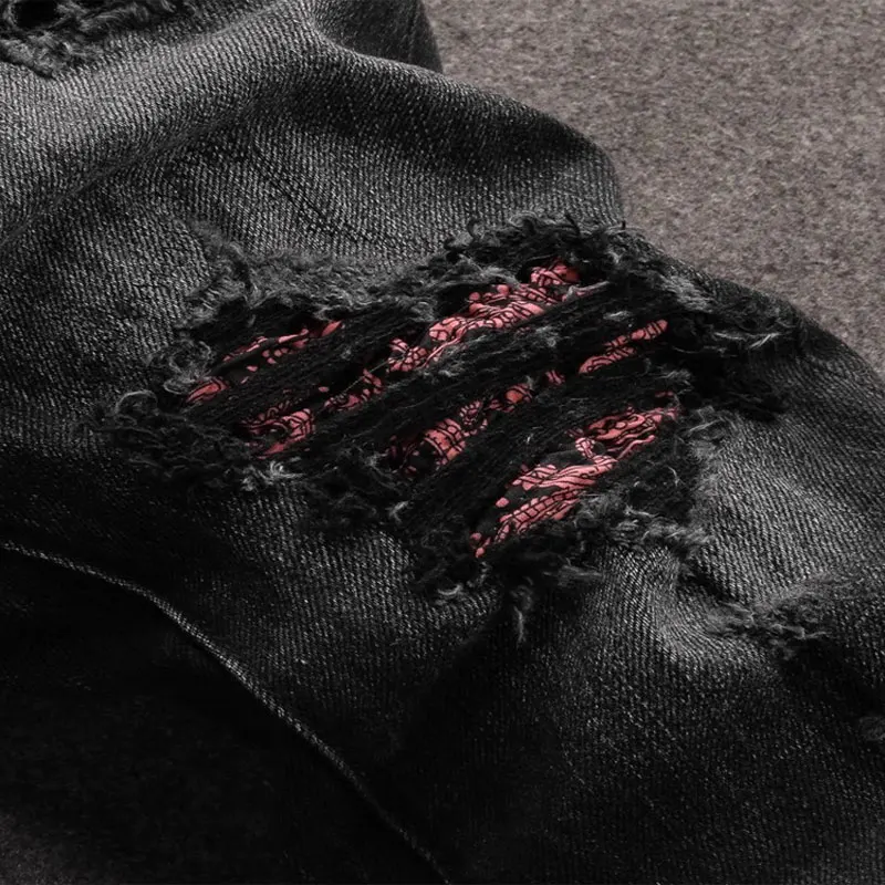 High Street Fashion Men Jeans Retro Black Gray Stretch Skinny Fit Ripped Jeans Men Bandana Patched Designer Hip Hop Brand Pants