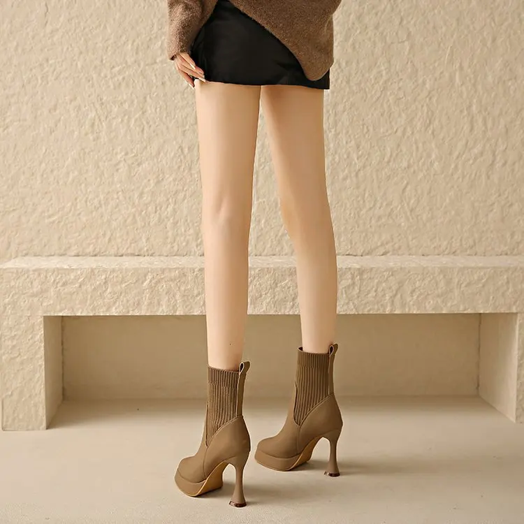 Elegante Damen Stiefeletten Mit Absatz Und Elastischer Schuhspitze_voghion.com