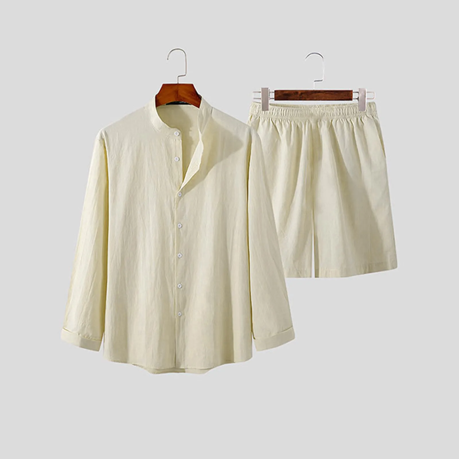 Angyfit Men Sets Linen Cotton Long Sleeve Button Shirts 4