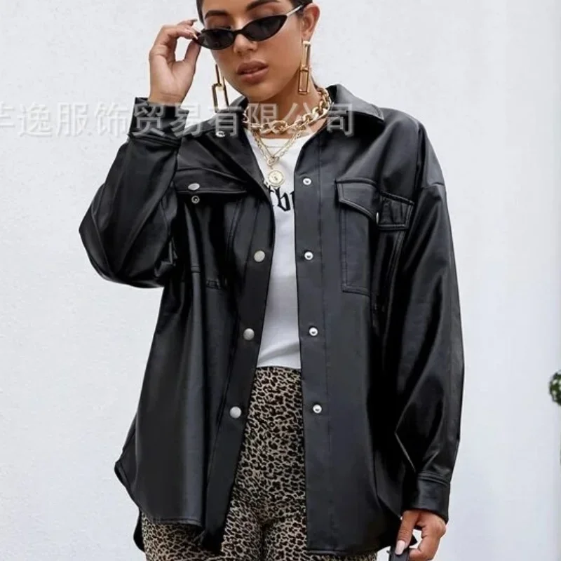 2021 Autumn PU Leather Turn Down Collar Long Blouses Women Fashion Casual Tie Belt Loose Shirts Women Elegant Solid Tops Ladies women chiffon blouses 2021 spring fashion casual loose v neck ruffle elegant slim solid color long sleeve shirts lady tops