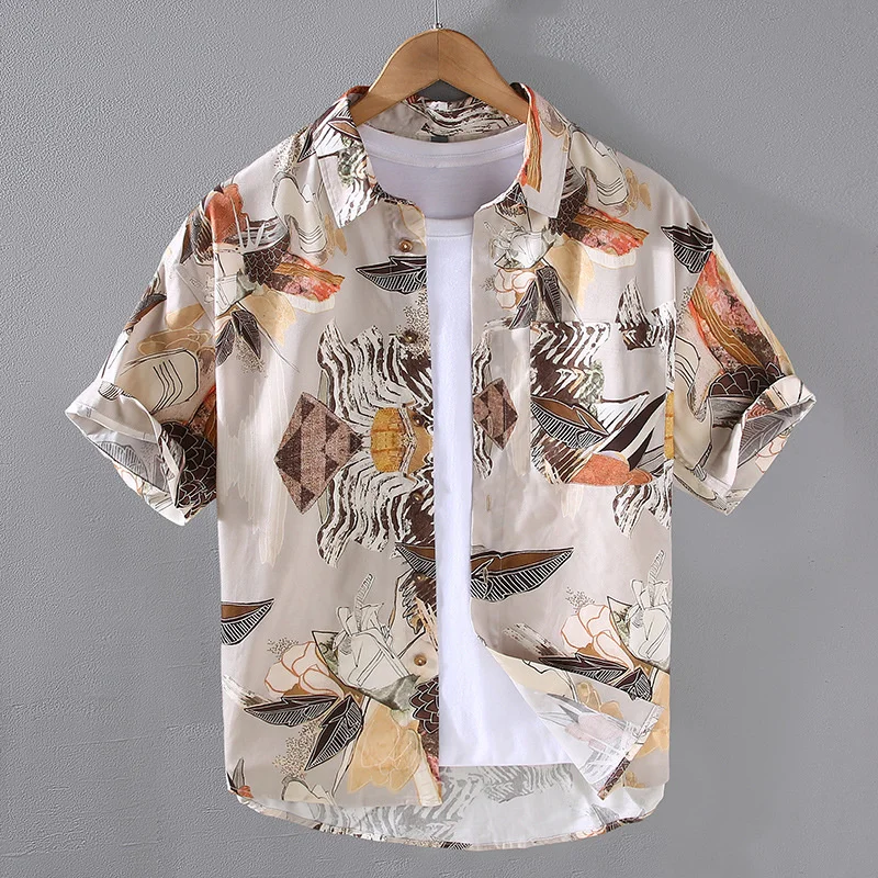 

Summer Men's Short Sleeve Shirt Harajuku New Korean Styles Comfortable Breathable Full Print Youth Vacation Leisure Tops Shirts