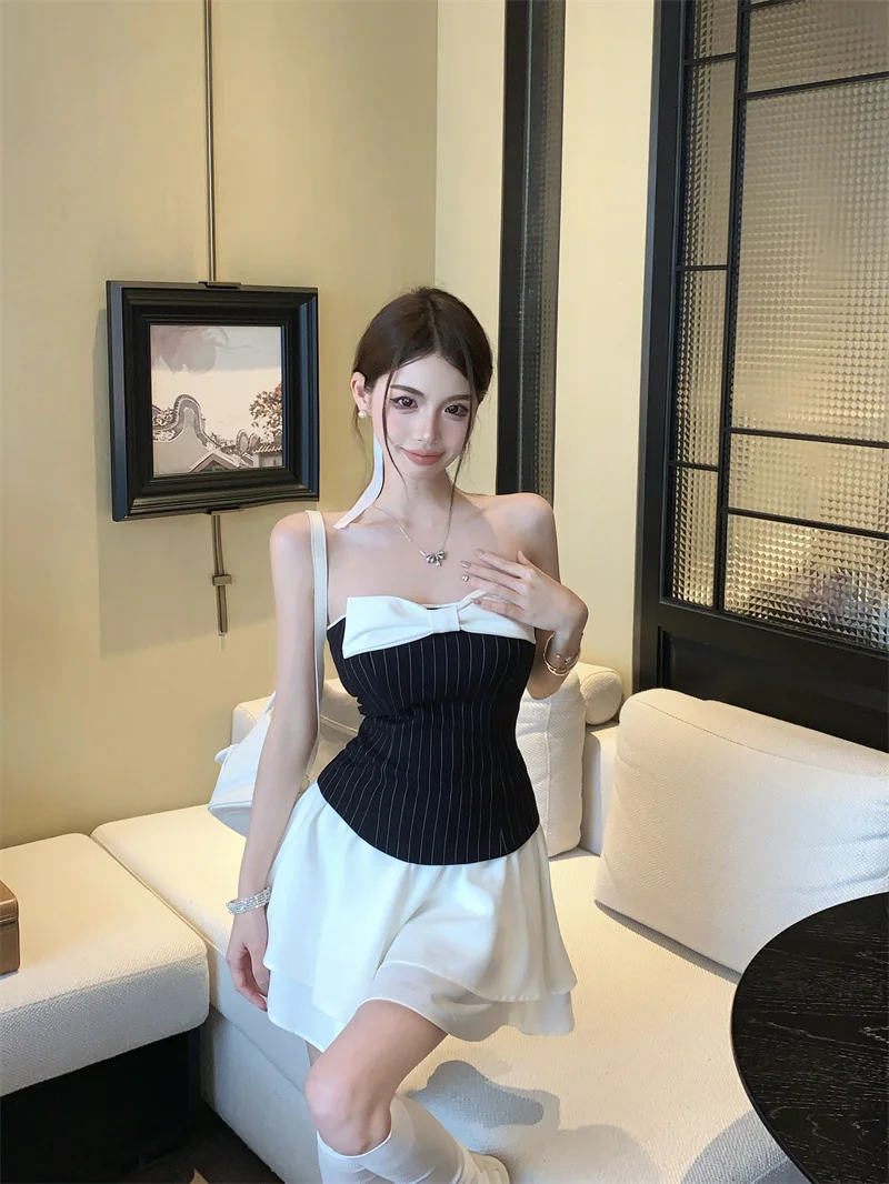 Sexy Striped Patchwork Short Dresses for Women Strapless Layered Ruffles A-line Bow Birthday Party Dress Korean Fashion Vestido