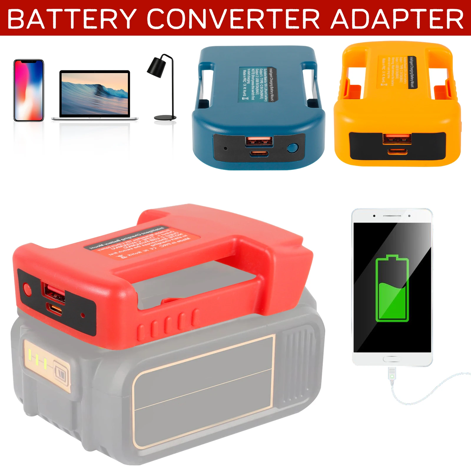 

2Pcs Output USB Port Battery Adapter Compatible with M18 18V Battery Fast Charging USB Charger Adapter with 2 Ports Portable