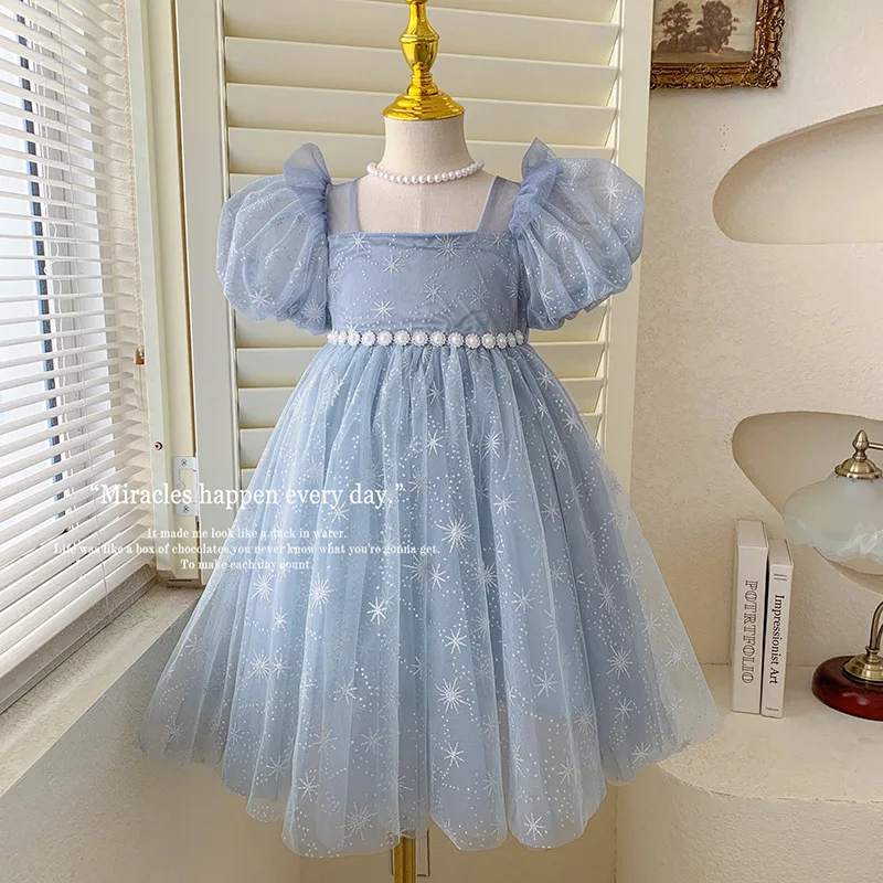 

2024New Girls' Summer Dress Fashionable Children's Bubble Sleeve Tulle Skirt Sweet Graceful Princess Dress