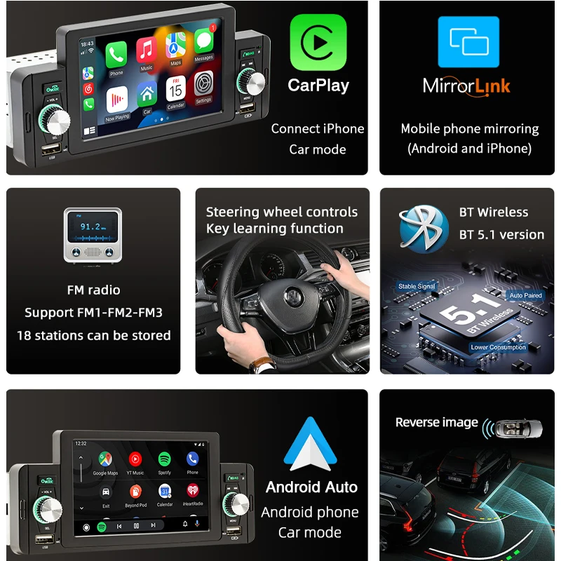 1 Din 5" Car Radio Apple CarPlay Android Auto, Hands-Free Bluetooth 5.1, Reversing Camera Input USB/FM/MP5 Player Headunit F160C — view 2