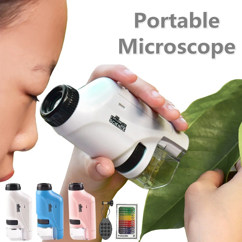 Microscope De Poche 60-200X Zoom,Mini Scientifique Microscope Portable avec  LED,Microscope Portable pour Enfants 7-14 Ans Étudiants Étude À Domicile  D'observation Trichomes Microbiologique
