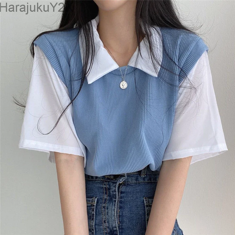 

2023 Spring Summer Casual Polo T-Shirt Female Pullover Women's Loose Tees Top Fake Two Piece Suit Student Preppy Style