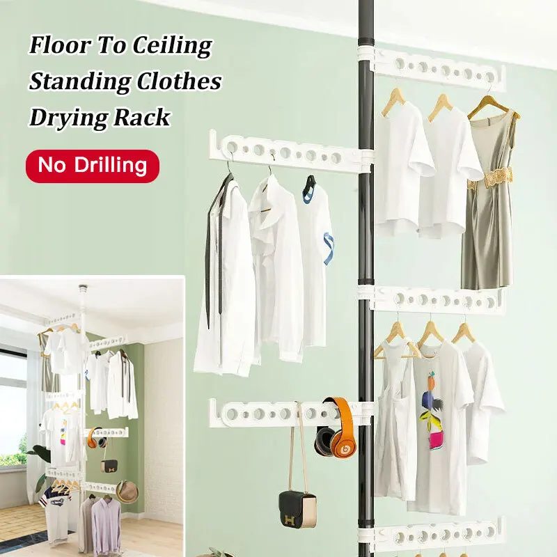 Household Flooring drying rack indoor telescopic pole drying rack Balcony Window Retractable drying rod Fixed Hanging Coat Racks 1
