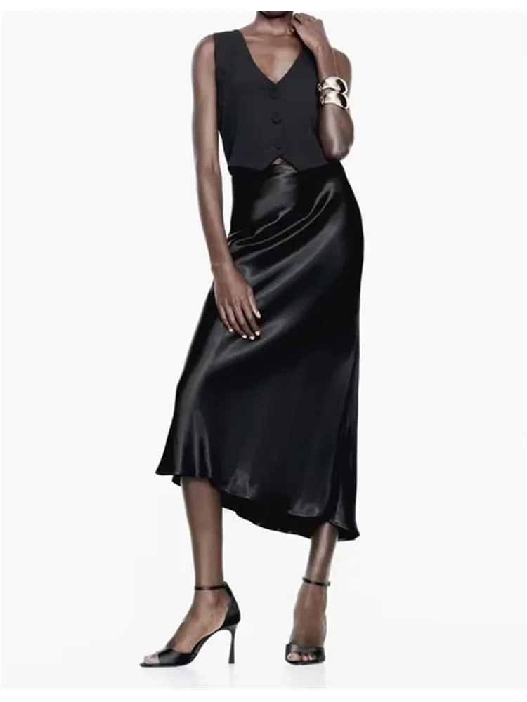 

Women Elegant Satin Feeling Sleeveless Spring Summer New Dress Chic Lady Fashion Patchwork Vest Tops Black Slim Long Dresses