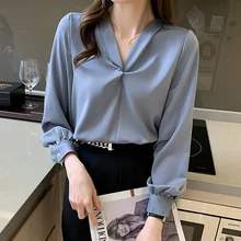 

Vintage Top V Neck Women Blouse Ladies Tops Fashion Clothing Woman 2022 Spring Pleated Long Sleeve Blouse Dropshipping