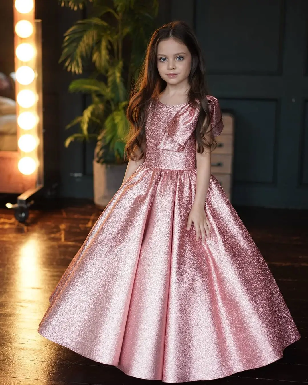 

Pink Flower Gir Dress Glitter Floor Length Gowns Evening Party Fluffy Skirt Ball Gown Communion Kid Toddler TUTU