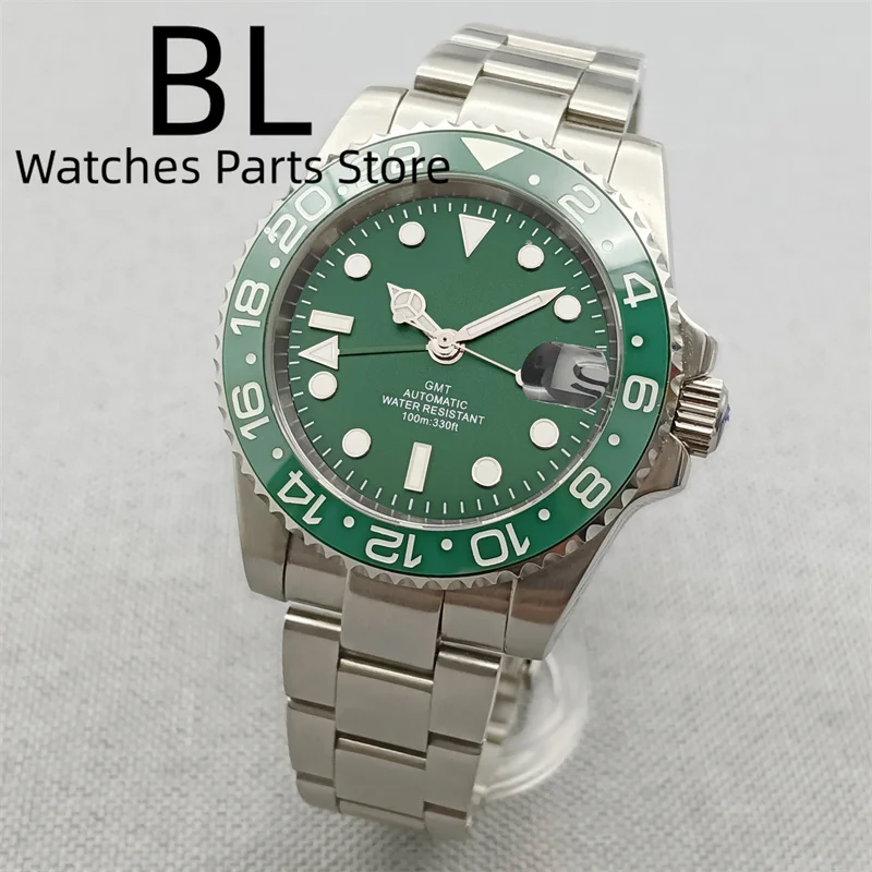 BLIGER 40mm GMT Men Mechanical Wristwatch NH34 Watch Sapphire Glass C3 Luminous Ceramic Bezel Green Dial Waterproof Glide Clasp 5