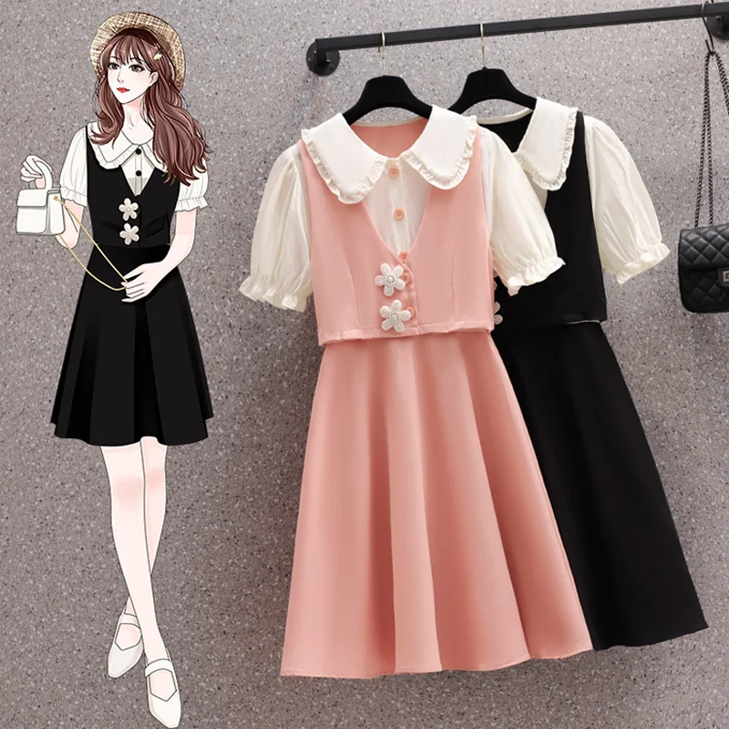 

Women Mini Dresses Doll Collar Short Sleeve Casual Female Elegant Large Size Summer A Line Black Pink Pearl Flower Party Vestido