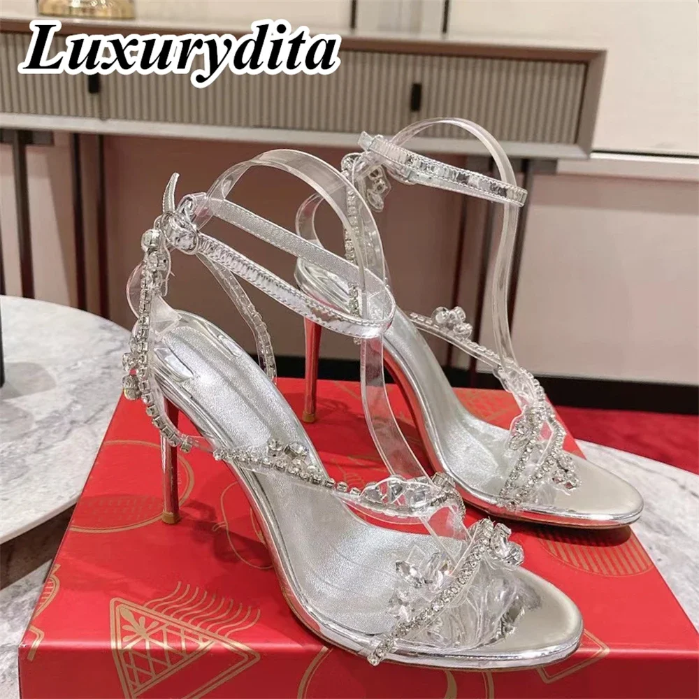 

LUXURYDITA Women Crystal Sandal Luxury 10CM High Heels Designer Customize Red Heel Socialite Dinner shoes H488
