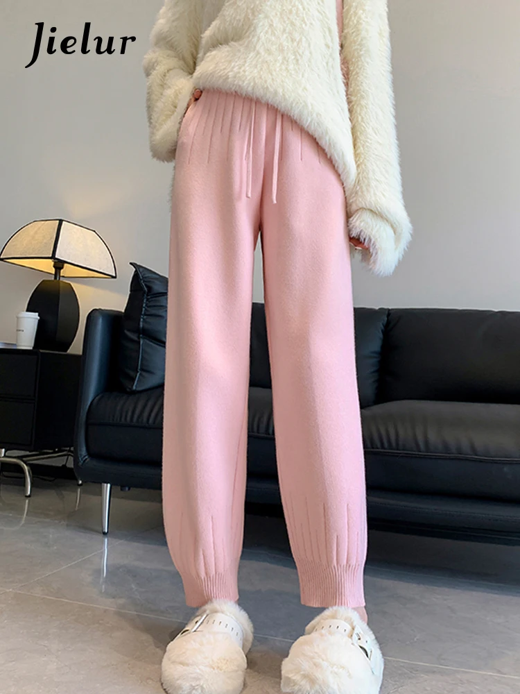 Jielur Pink Sweater Sweet Loose Female Harem Pants High Waist Casual Thick Fashion Simple Women's Trousers Winter Office Lady