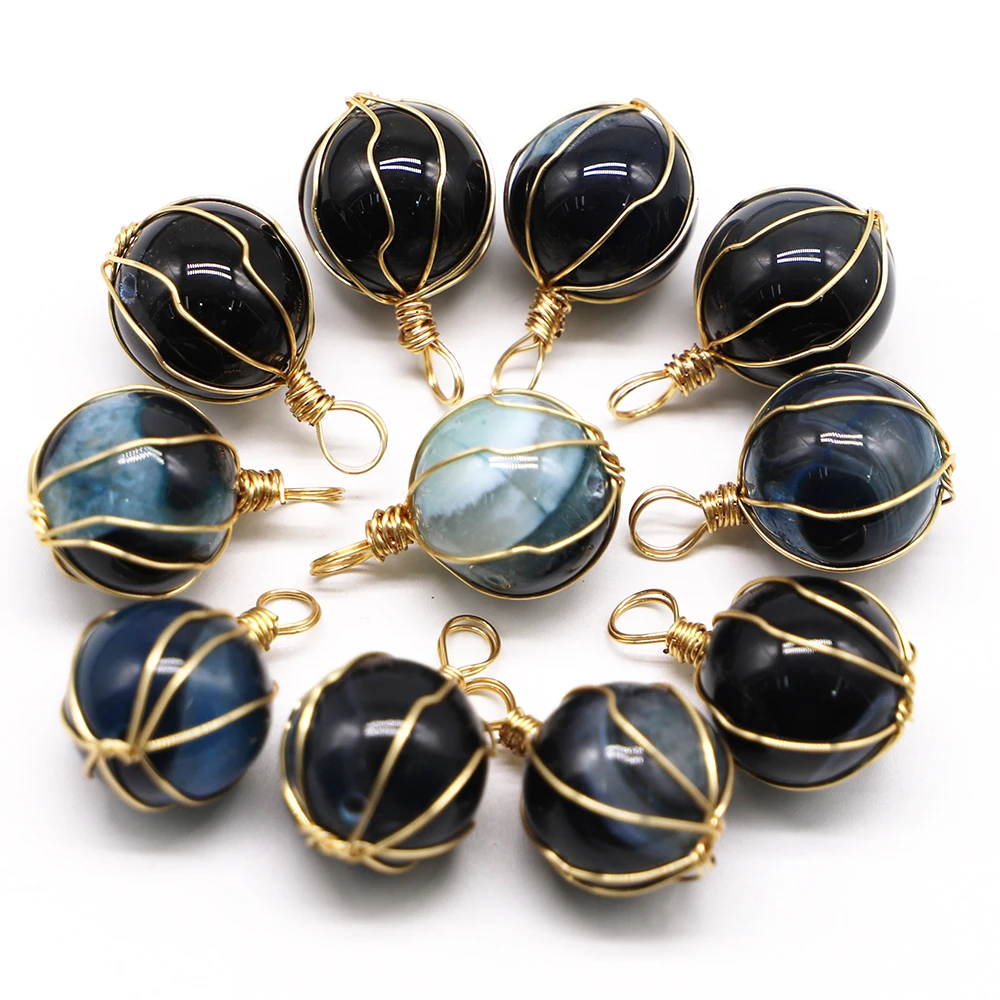 New Natural Agates Stones Pendants Round Bead Shape Onyx Copper Wire DIY Jewelry Bracelets Necklace Making Accessories Wholesale
