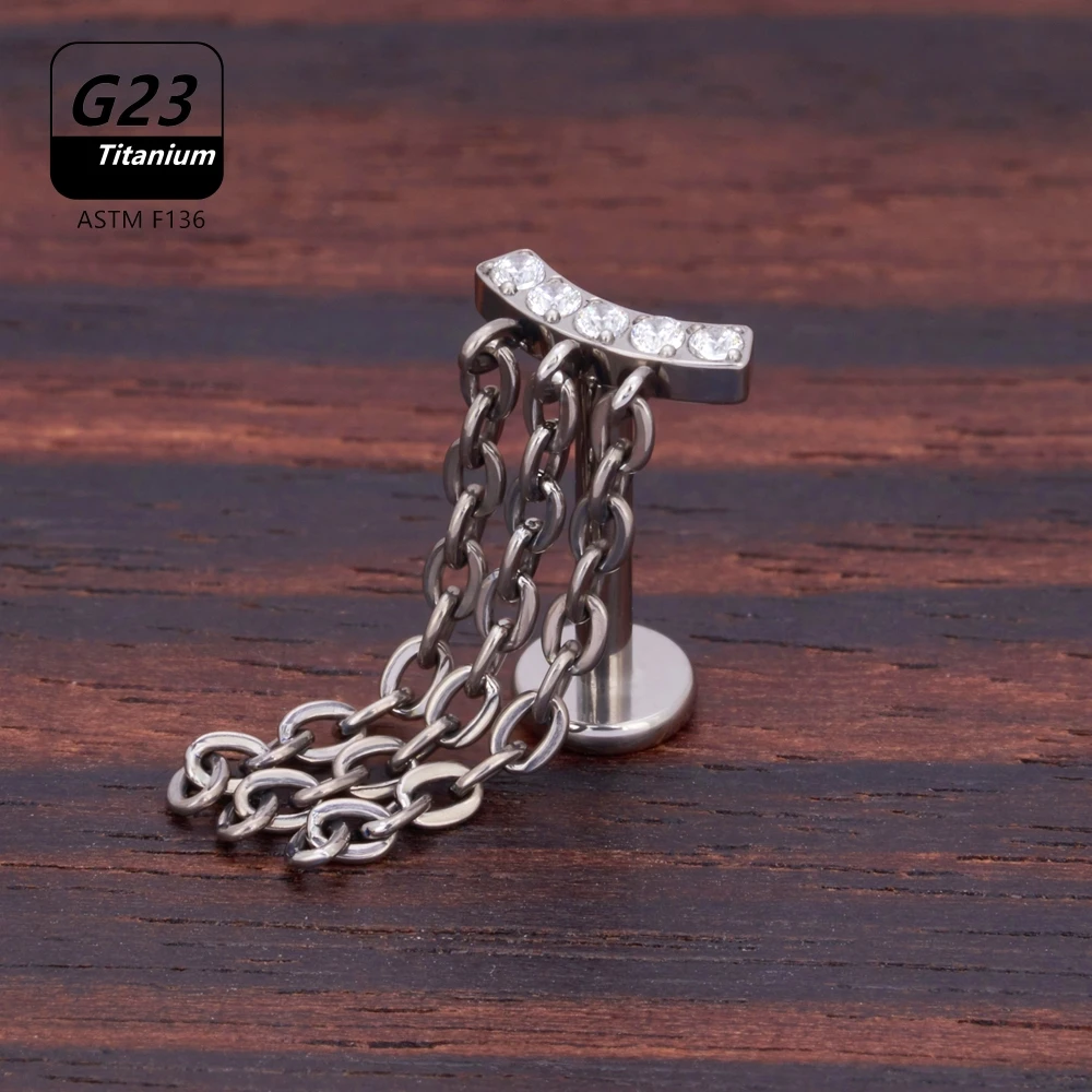 10Pcs ASTM F136 Titanium Piercing Tassel Lip Ring Labret Internally Threaded Earring Helix Cartilage Tragus Chain Earrings