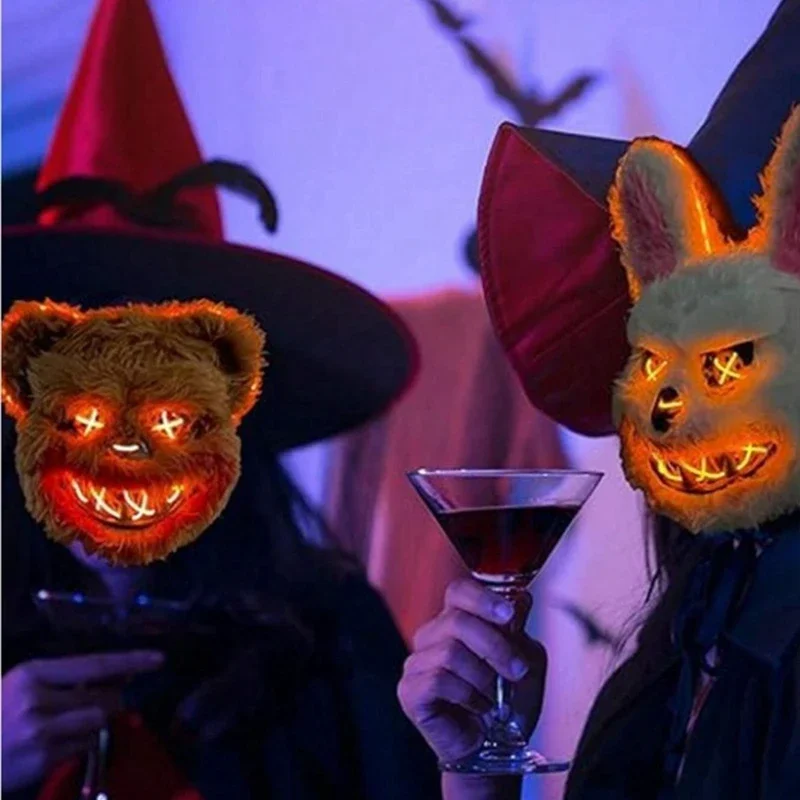 3 leuchtende Modi Plüsch Tier maske, Unisex Halloween Nacht leuchten Horror Hase oder Bär Maske Party lustige Cosplay Requisiten – Detail 9