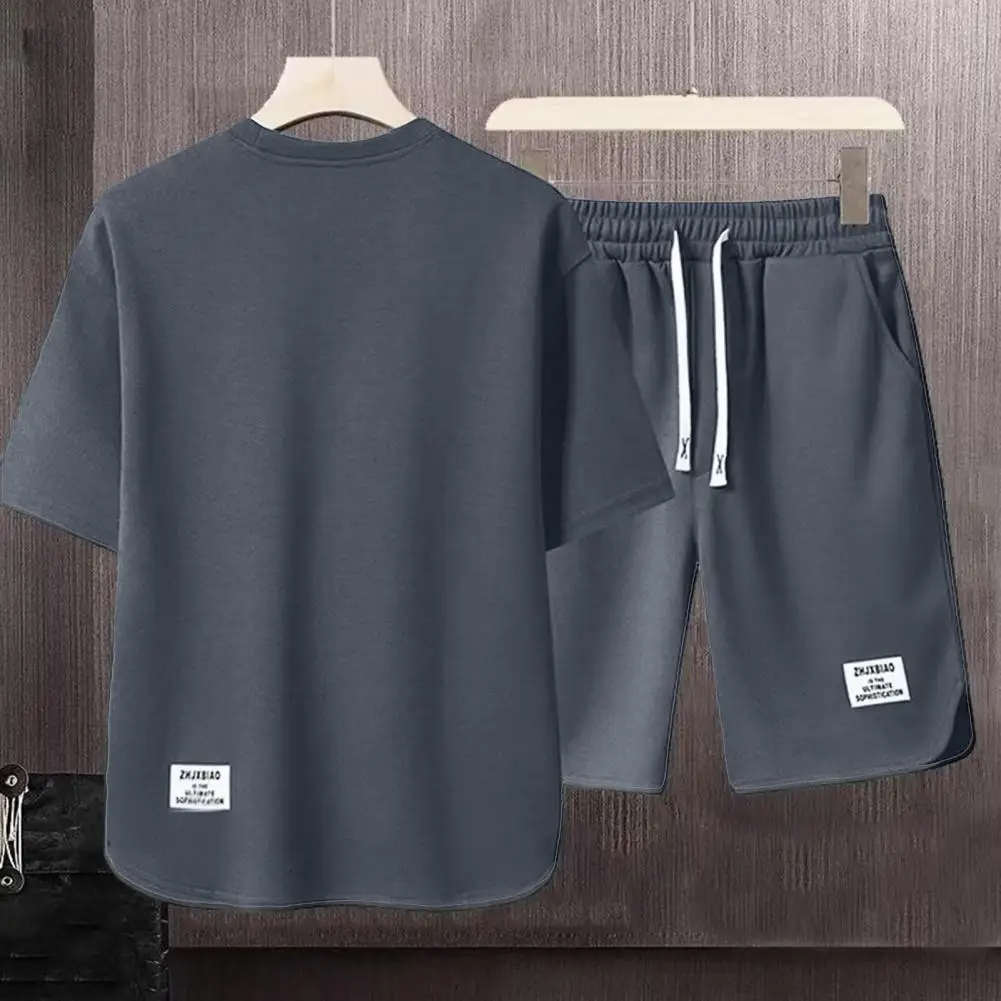 

Drawstring Waist Top Shorts Set Men's Retro Sportswear Set with Ice Silk T-shirt Shorts Loose Fit Solid Color Round for Active