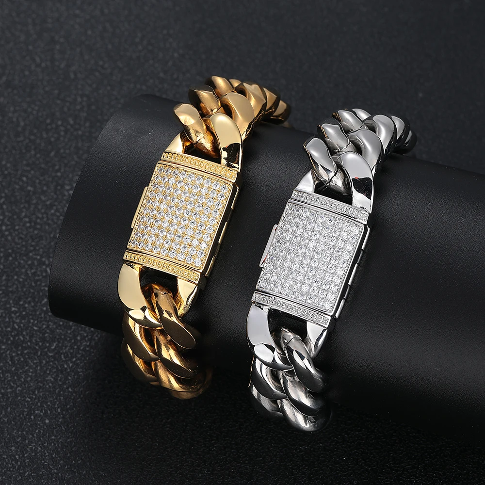 18MM Stainless Steel Cuban Chain With Bling Copper Cubic Zirconia Clasp  18k Gold Plated Hip Hop Cuban Bracelet Jewelry For Men