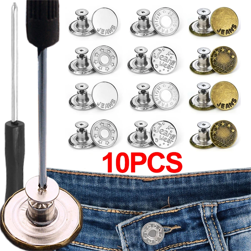 10Pcs Replacement Jeans Buttons No-Sewing Metal Button Repair Kit Nailless  Removable Jean Buckles Pants Pins Sewing Accessories