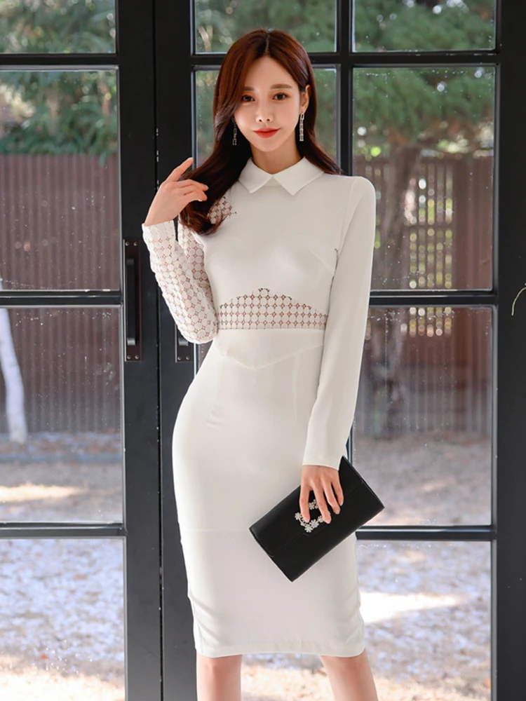 

Spring Autumn Elegant Office Women Dress Professional Formal Lace Turn-down Collar Slim Midi Dresses Party Gown Mujer Vestidos