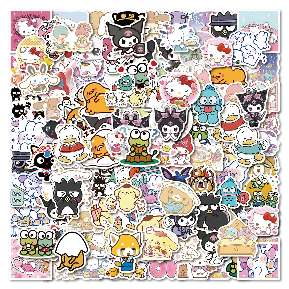 Autocollants mignons Hello Kitty Sanurgente Kuromi Pachacco Cinnamoroll, mélange drôle, décalcomanie, jouet pour enfant, mur, téléphone, réfrigérateur, voiture, bricolage, 10 pièces, 30 pièces, 50 pièces, 100 pièces