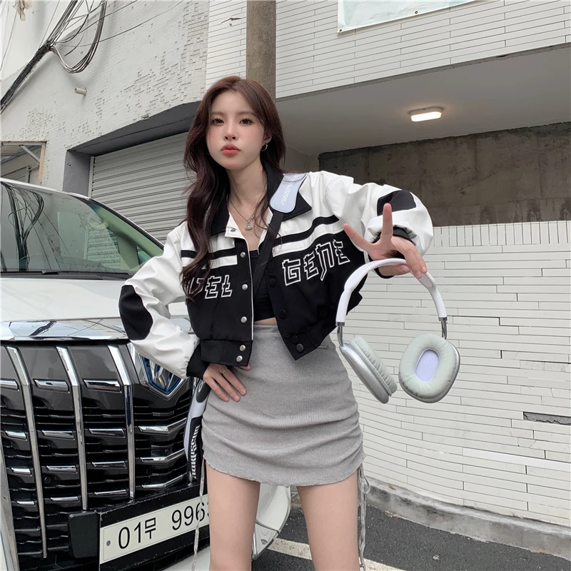 QWEEK Y2K Vintage PU Leather Varsity Jacket Women Korean Style Embroidery Cropped Baseball Uniform Oversized Patchwork Kpop