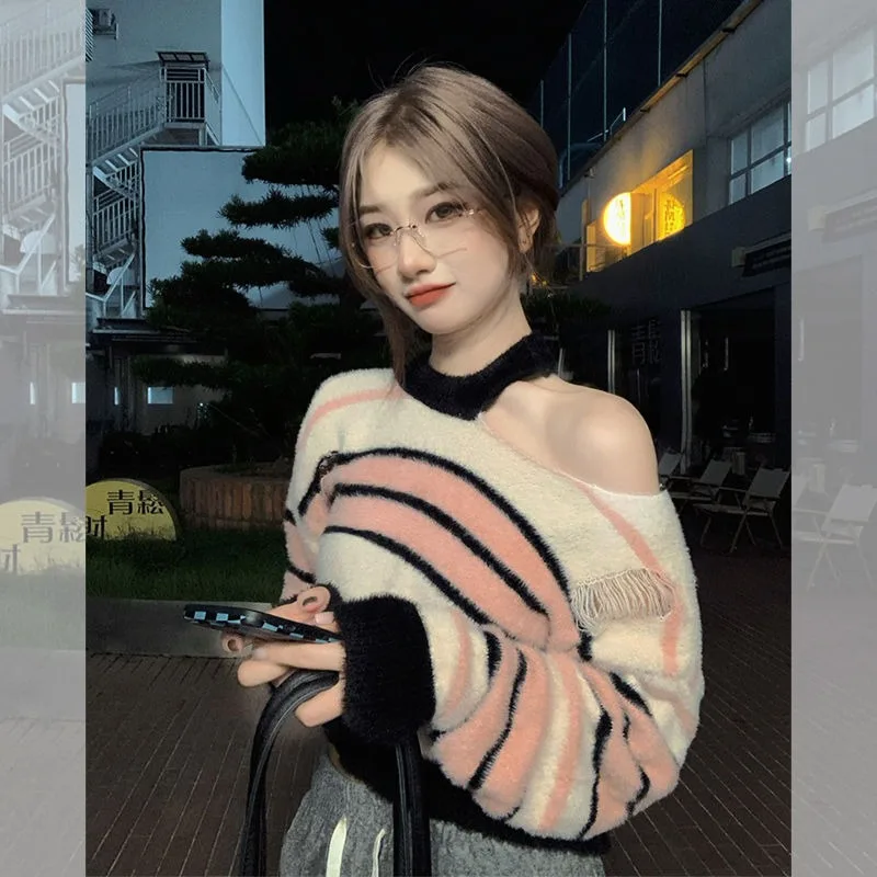 

Sweet Spicy Korean Hole Off Shoulder Knitwear Women Soft Glutinous Contrast Stripe Pullover Fashion Gentle Winter Loose Sweater