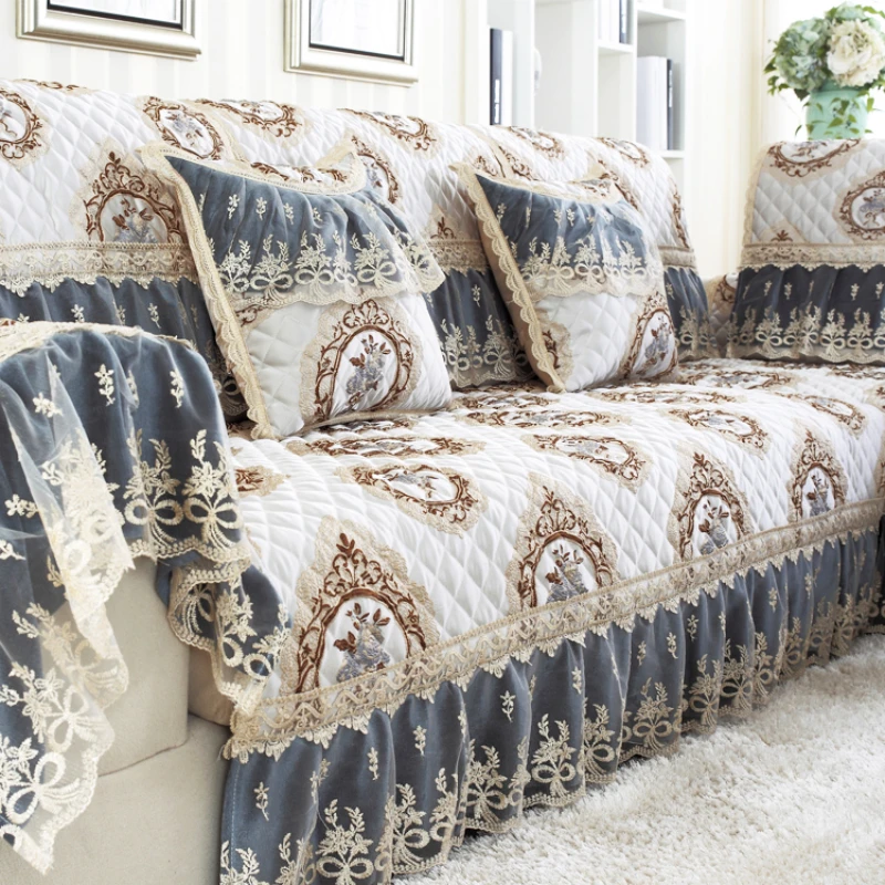 

Lace hemming Sofa Covers Jacquard Sofa Cushion Exquisite Vertical Antiskid Combination Sofa Towel Covers for Living Room Decor