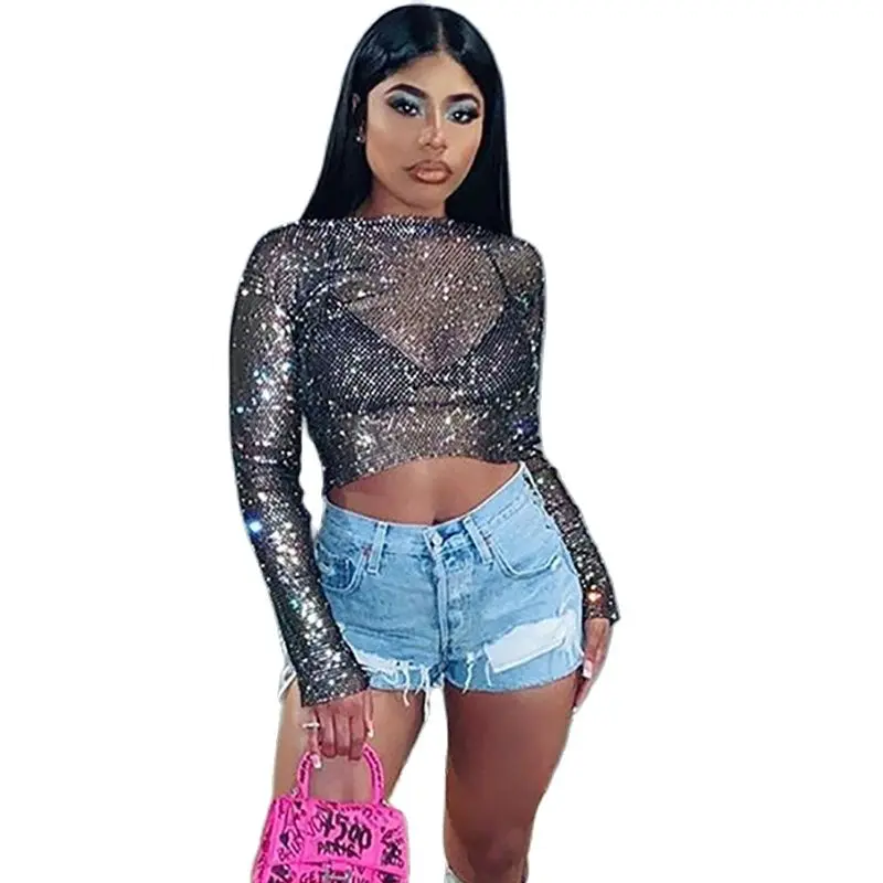 

Women's T-Shirt Shiny Crystal Full Rhinestone Transparent Mesh Crop Top Sexy See Through Slim Long Sleeve Woman Shirts