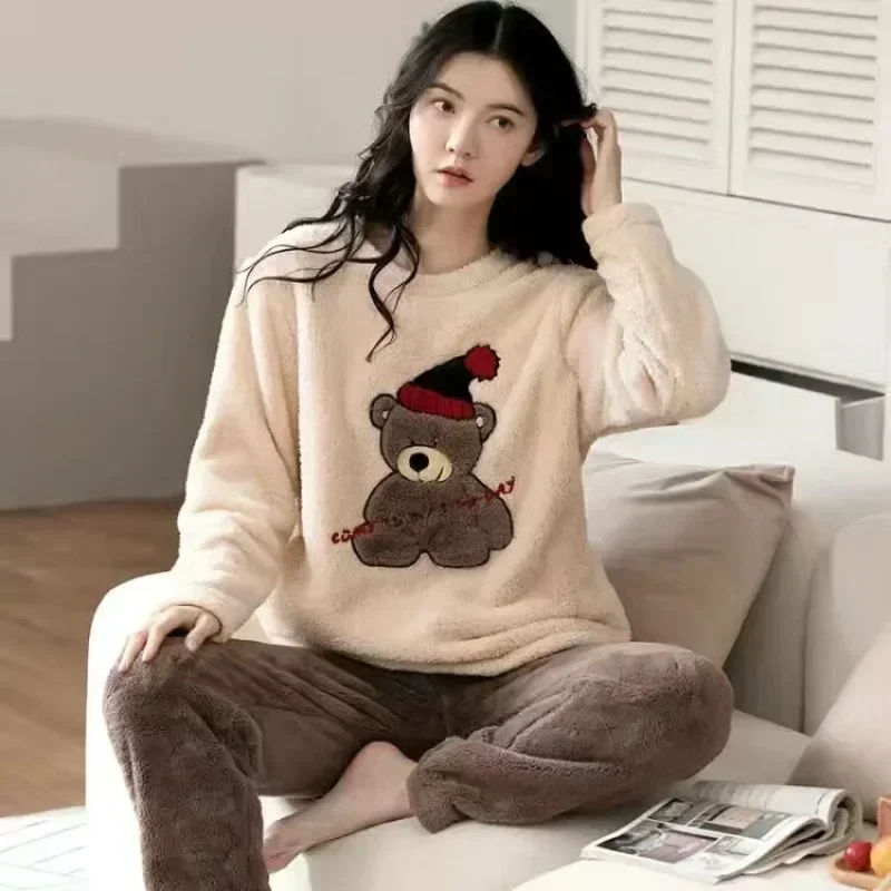 Autumn Winter Flannel Women's Pajamas Sets Cute Cartoon Velvet Warm Sleepwear Girl Pijamas Mujer Pyjama 2 Pieces Homewear Suit 2021 winter pajama women korean sleepwear cute cartoon flannel pajamas set velvet warm pijama round neck pyjama homewear women