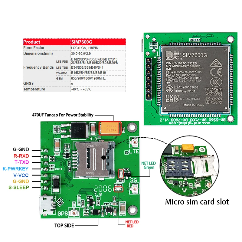 SIMCOM LTE Cat1 SIM7600G R2 브레이크아웃 보드 키트 및 글로벌 디자인