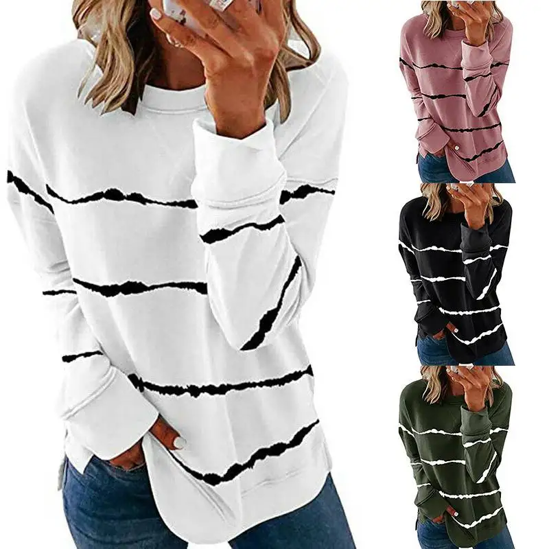 

Autumn Striped Printed Hoodie Ladies Long Sleeve Round Neck Women's Pullover Tops Casual Shirts Loose Plus Size