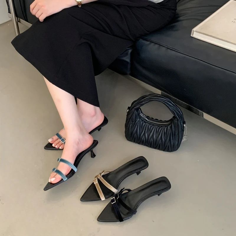 Fashion Narrow Band Buckle Design Brand Slippers Women