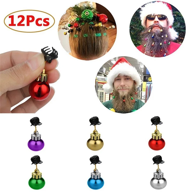 12PCS Christmas Bulb Beads Beard Ornament Colorful Christmas Clip Ball Ornament Xmas Beard Pendant Bright XMAS Ball Cosplay Toy