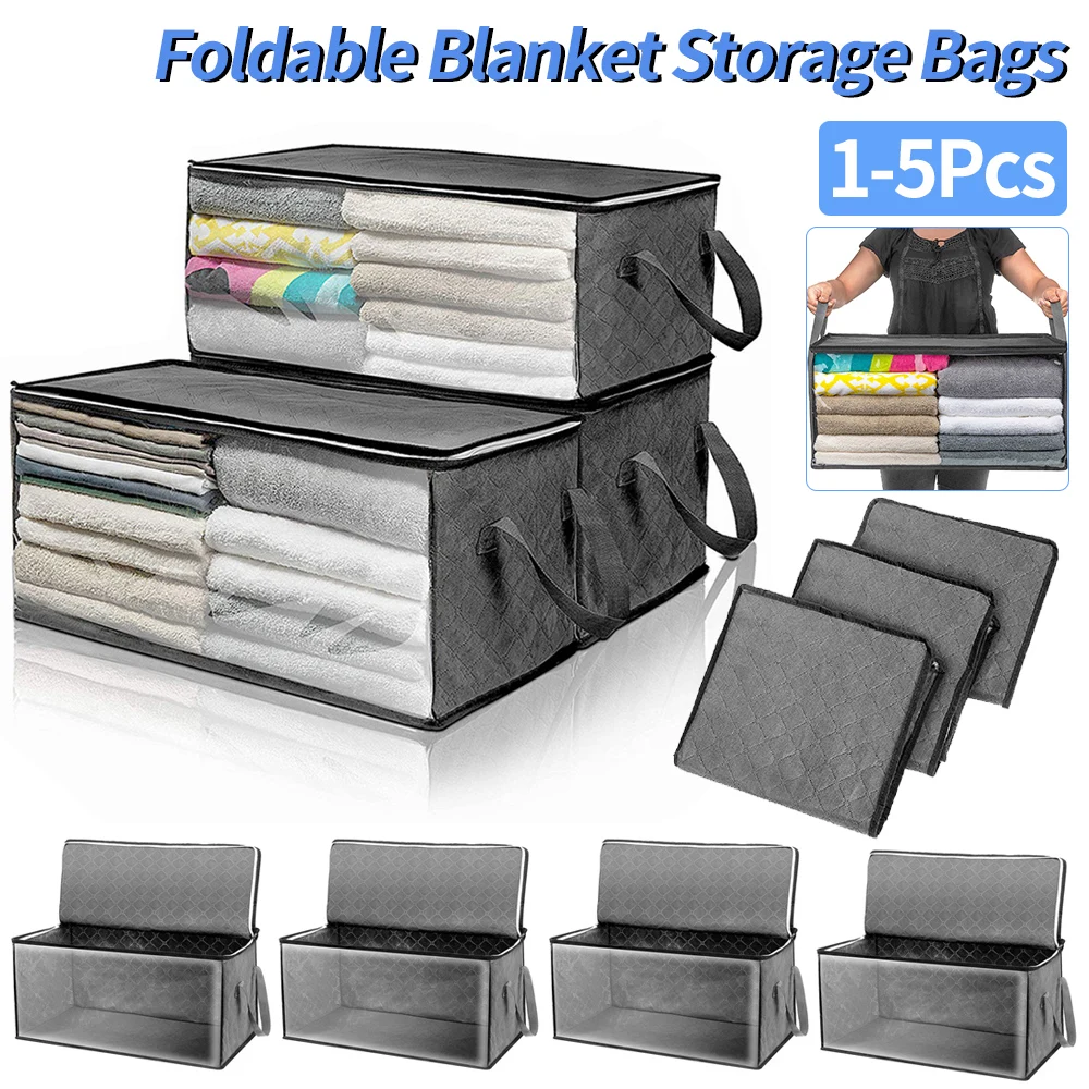 1-5Pcs Clothes Storage Bag Large Capacity Foldable Organizer Reinforced Handle for Blankets Bedding with Lids Zipper Storage Bag