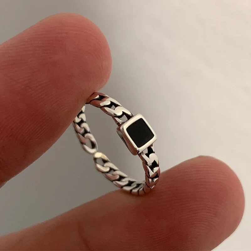 

925 Silver Ring for Women Girls Chain Black Square Agate Stone Retro Party Anillos Fine Jewelry Gift Adjustable Accessories